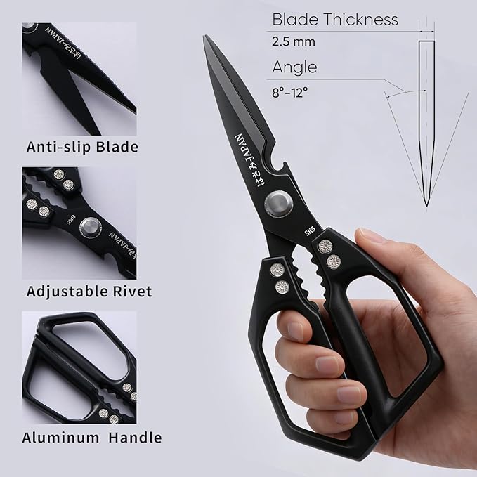 Kitchen Scissors Set, Japanese Heavy Duty Meat Scissors All Purpose for Food Steak Seafood Cutting Cooking, Pizza Herb Chicken Bones Poultry Shears, Gifts for Men Women Black