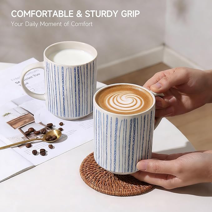 Ceramic Mugs Set of 6, Modern 17oz Coffee Mugs, Stackable Coffee Cups with Handpainted Blue Stripe Pattern, Dishwasher and Microwave Safe Mugs for Home & Office