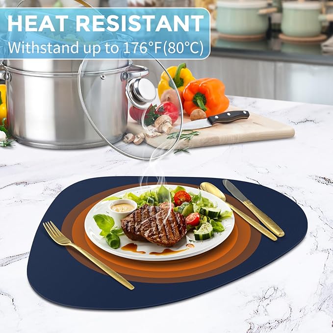 Placemats Set of 4, Heat Resistant Leather Placemats Double Layer, Soft Waterproof Round Table Mats Easy to Clean for Kitchen Dining Room Coffee Office Table, Blue