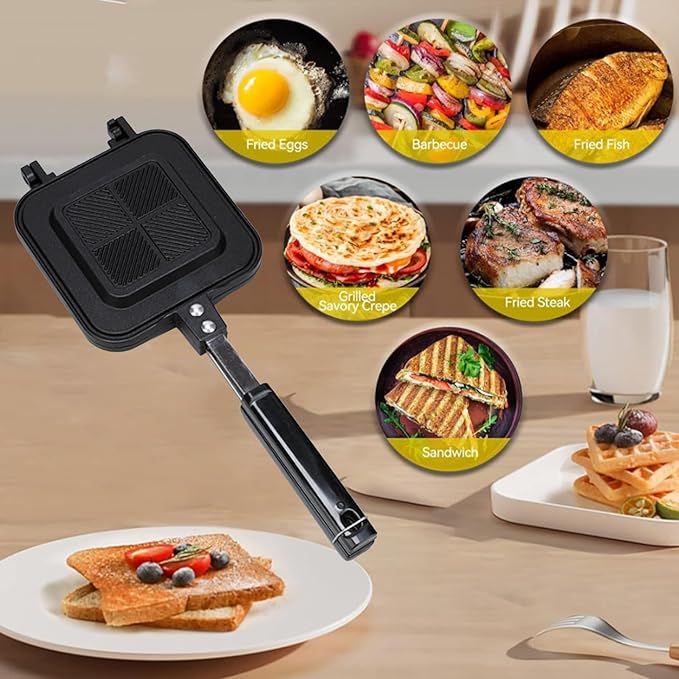 Hot Sandwich Panini Maker with Handle, NonStick Double Sided Frying Pan Grilled Sandwich Maker, Stovetop Toasted Sandwich Press for Home, Kitchen, Breakfast