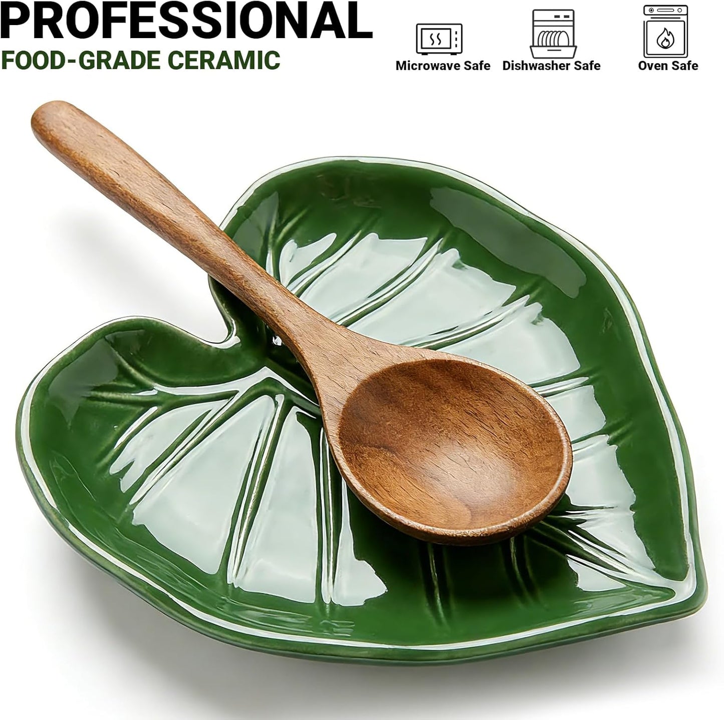 Ceramic Spoon Rest for Stove Top and Kitchen Counter, Green Leaf Spoon Holder, Cute Cooking Spoon Rest, Heat Resistant Dishwasher Safe Kitchen Utensil Rest, Decorative Kitchen Decor