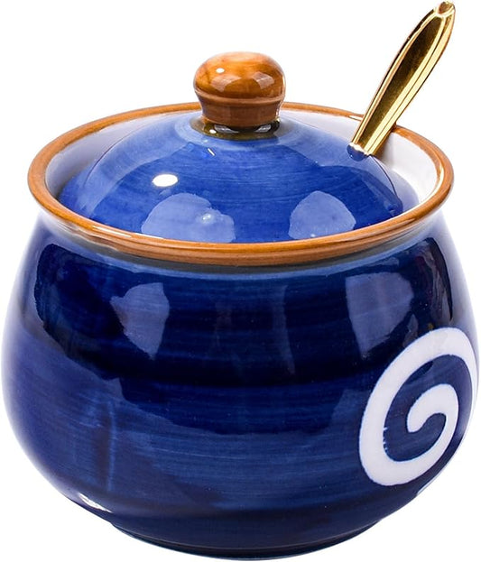 Blue Ceramic Sugar Jar with Lid & Golden Spoon - 10.8oz Airtight Kitchen Storage Canister for Coffee Tea Spices Baking Essentials Elegant Tabletop Decor or Gift Idea (1.35 Cup Capacity)