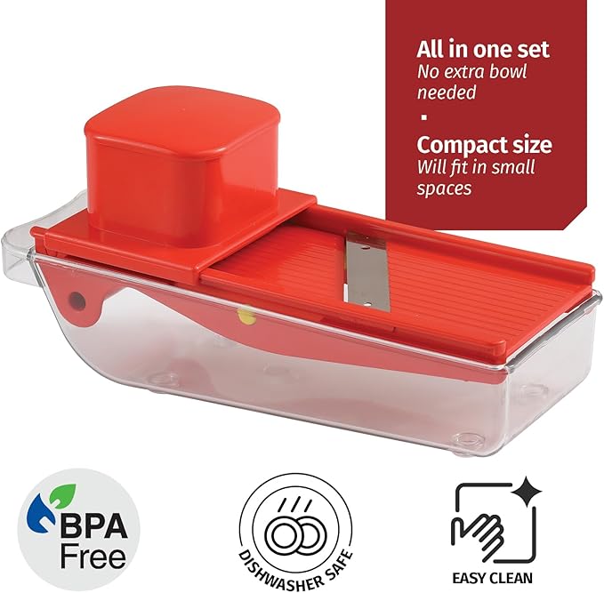 Small Mandoline Slicer – Portable Vegetable Slicer for Kitchen, Travel, On The Go – Adjustable thickness mandoline Slicer Food Cutter with Container All-in-1 Compact Vegetable Chopper– with Bowl Red