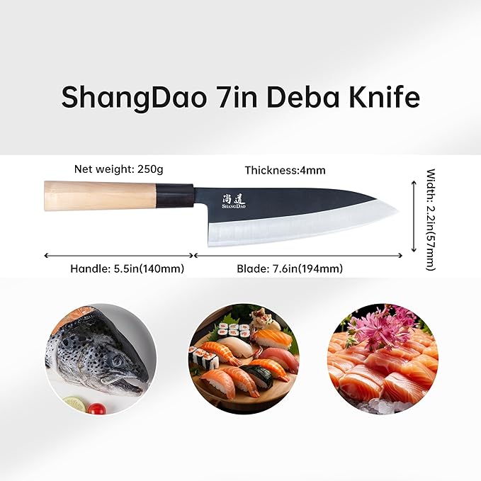 SHANGDAO 7 Inch Deba Knife - Japanese Style Forging German Steel Fish Salmon Fillet Knife with Traditional Wooden Handle