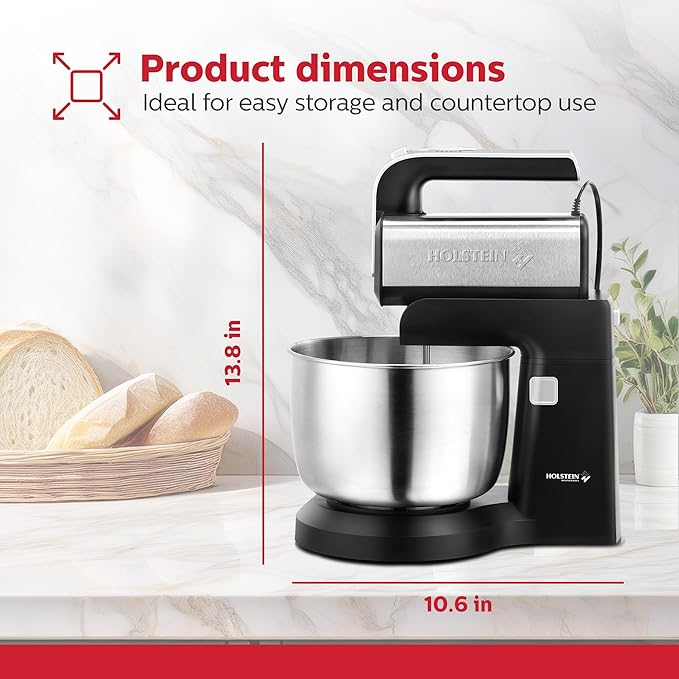 Holstein Housewares 5-Speed Hand and Stand Mixer, 250W Power with LED Light, Black and Stainless Steel – Versatile Mixer for Baking, Whipping, and More