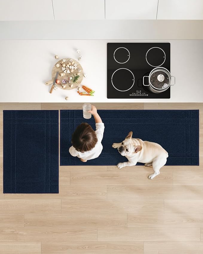 JSEI Kitchen Mats for Floor, Non-Slip Kitchen Rugs, Soft Washable Absorbent Kitchen Mats 2 PCS, Kitchen Runner Rug with TPR Backing, Polyester, 24"x36"+24"x60", Navy Blue