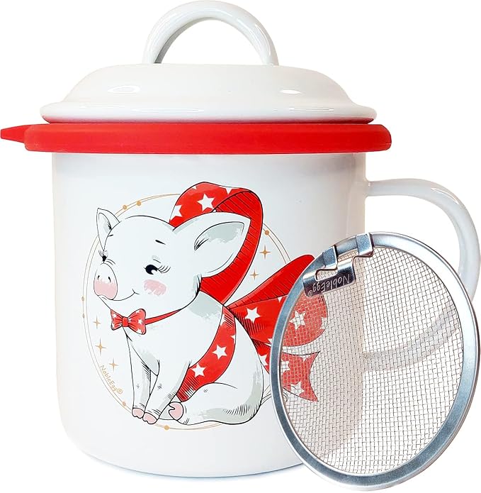 NobleEgg Bacon Grease Container with Strainer, 650 ml | 22 oz. Removable Silicone Ring Protector and Lid, Enamel Ceramic, Cute Piggy Farmhouse Decor