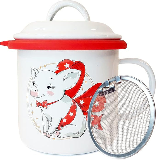NobleEgg Bacon Grease Container with Strainer, 650 ml | 22 oz. Removable Silicone Ring Protector and Lid, Enamel Ceramic, Cute Piggy Farmhouse Decor