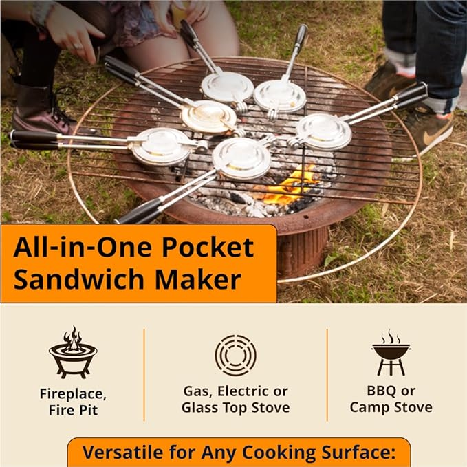 Sandwich Grill XL, Handheld Panini Press & Sandwich Maker, Cast Aluminum Pie Iron, Portable Hot Pocket & Dessert Cooker, Ideal for Camping, RV, Stovetop, Grill, Campfire, Outdoor Cooking