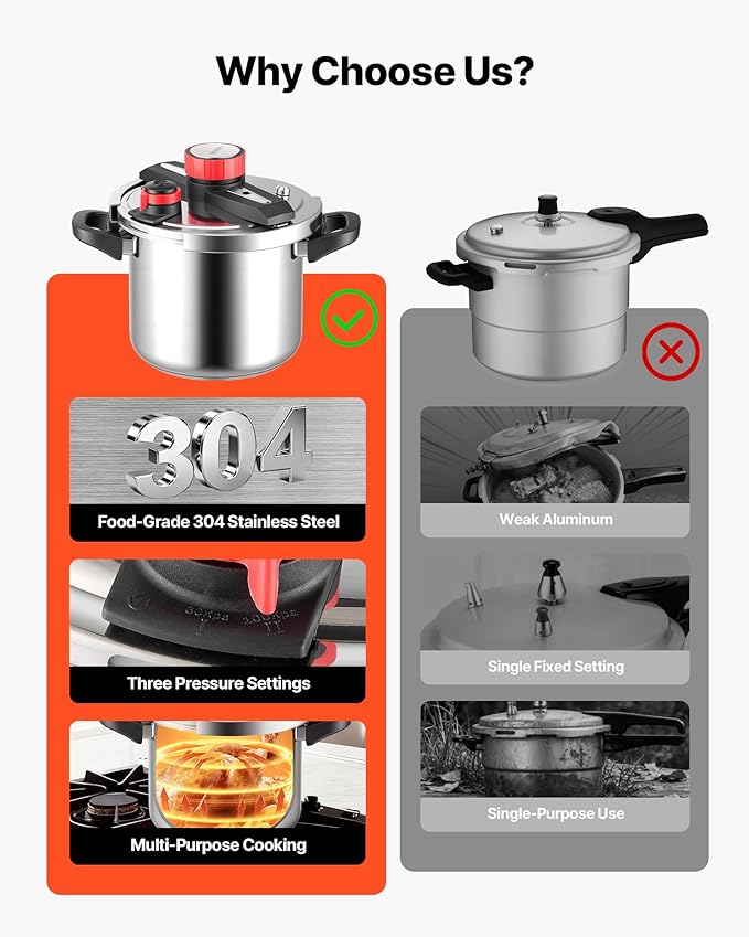 VEVOR Pressure Cooker, 8Qt Pressure Cooker Stainless Steel, Pressures Canner with Steaming Rack, Tempered Glass Lid, Three Pressures Settings for Meat, Beans, Rice, Soup, Sauces, Cook up to 100 kPa