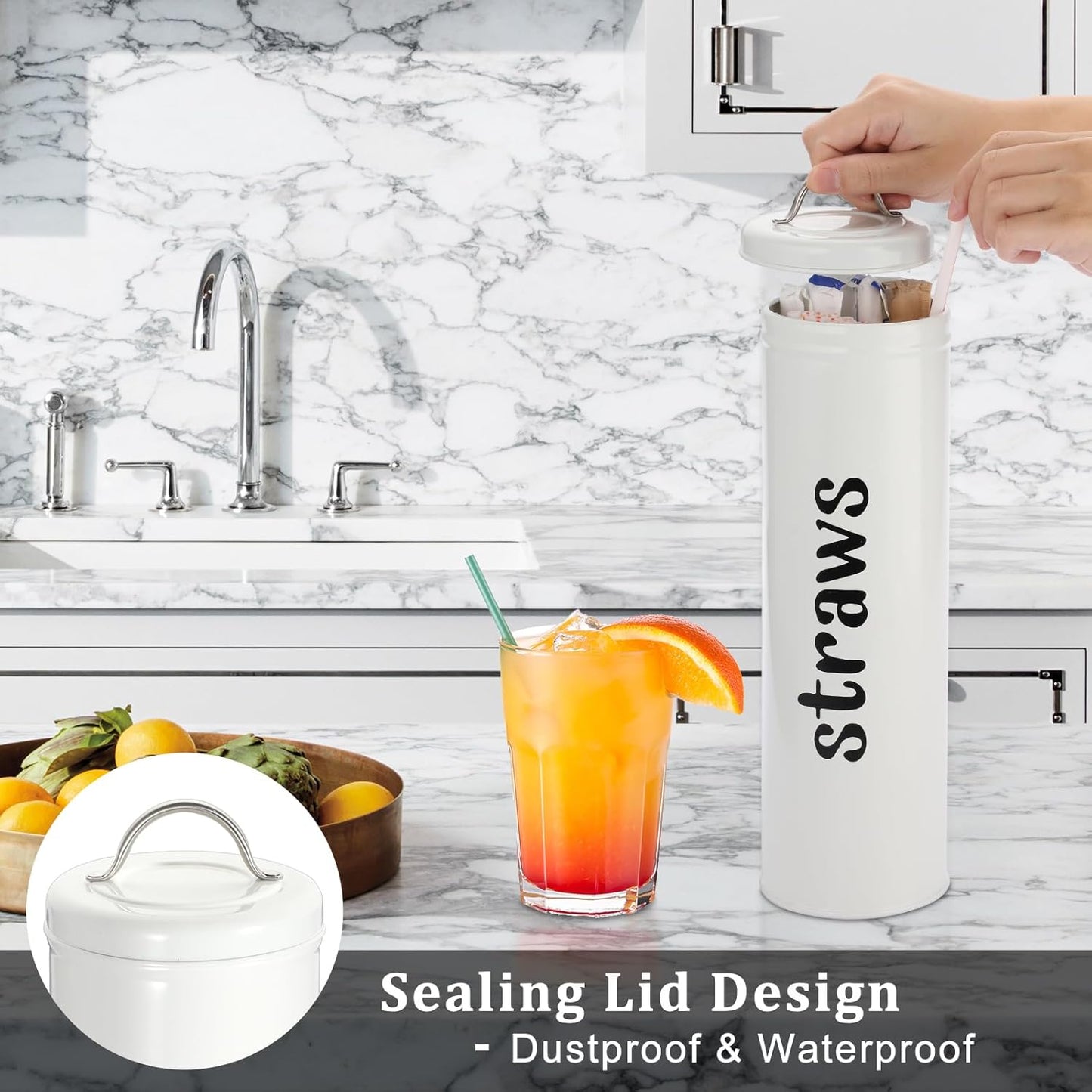 Metal Straw Holder, 12 Inch Tall Drinking Straw Dispenser with Handle Lid, Rustic Farmhouse Straw Storage Canister for Counter-Holds up to 100 Straws Bulk Straw Organizer for Kitchen & Shop