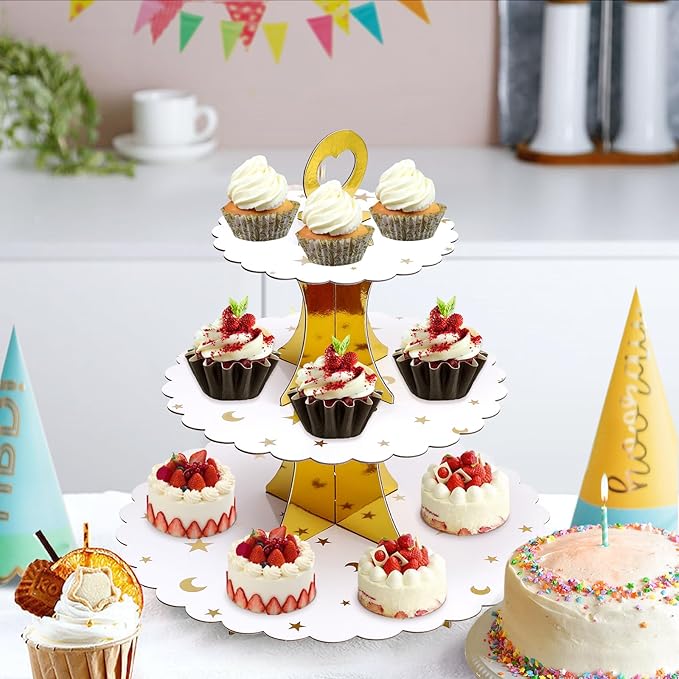 Soleebee 3-Tier Cupcake Stand, Cardboard Cupcake Tower, Dessert Cup Cake Stand Tower for Birthday Wedding Party Decoration, Cupcake Tier Stand 1 Set (Gold Moon and Star)