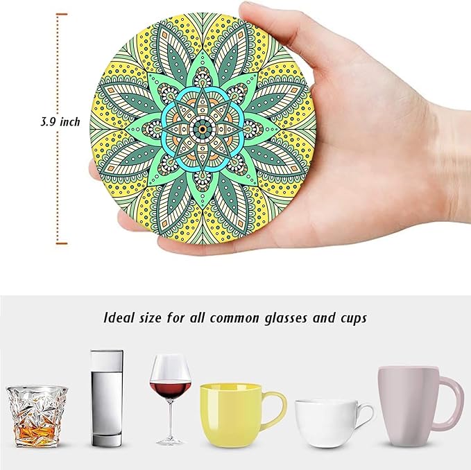 Coaster for Drinks Set of 6, Moroccan Bohemian Mandala Colorful Pink Green Absorbent Round Ceramic Stone Mat, with Cork Base and Metal Holder, Gift for Housewarming Room Bar Decor
