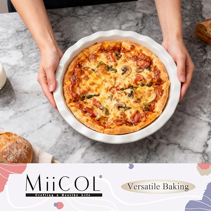 Miicol White Ceramic Pie Pan, 50 oz Ripple Edge Deep Baking Dish, 9 Inch Round Ceramic Pie Plate, Suitable for Quiche, Apple Pie, Meat Pie, Ideal Gift for Baking Lovers