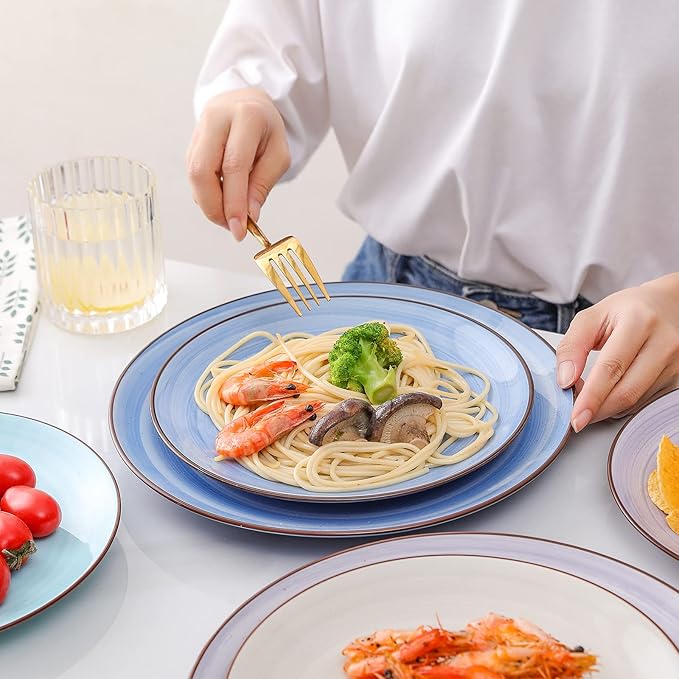 KitchenTour Ceramic Dinner Plates, 8 Inch Porcelain Serving Plate for Salad, Dessert Pizza Steak Pasta Plates Set, Dishwasher and Microwave Safe - Set of 6, Assorted Warm Colors