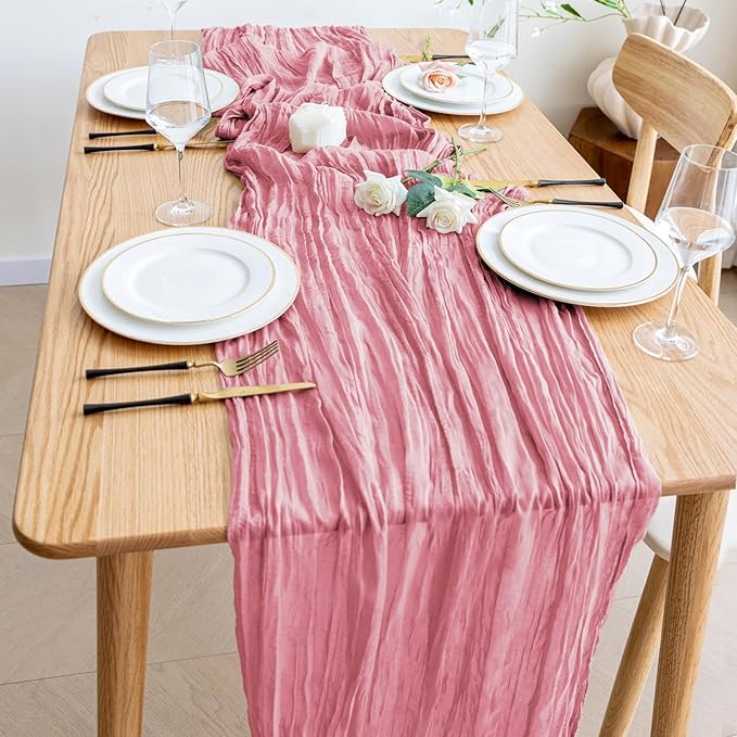 Wokceer Cheesecloth Table Runner Dusty Rose 10FT Boho Gauze Cheese Cloth Table Runner for Party Long Rustic Sheer Table Runners for Baby Bridal Shower Wedding Easter Table Decor