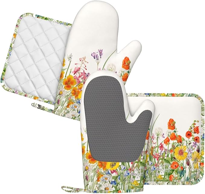 Colorful Floral Silicone Oven Mitts and Pot Holders Sets Vintage Botanical Floral Plant Kitchen Mitts Potholder Kitchen Accessories for Cooking Baking BBQ
