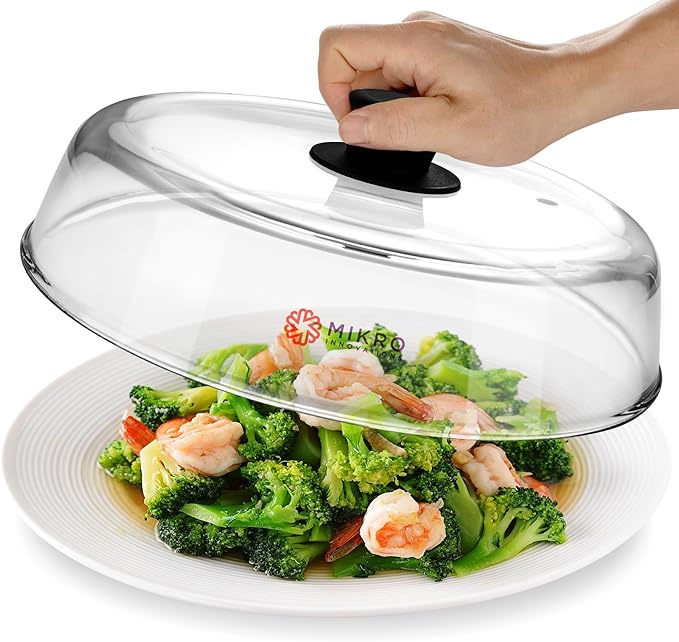Glass Microwave splatter cover for food plate - Sturdy Borosilicate glass splatter guard with vent hole - 100% Food Safe BPA free Easy Grip Silicone Knob and Dishwasher safe - 10.5in