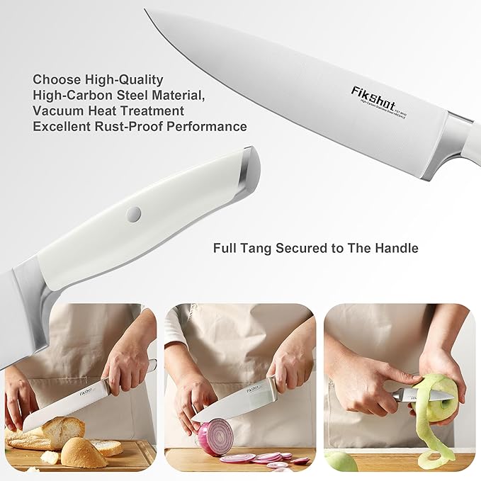 Knife Set with Sharpener, Fikshot 14-Piece Knife Set with Block, Elegant White Kitchen Knives for Ladies, Stainless Steel, Dishwasher Safe (WHITE)
