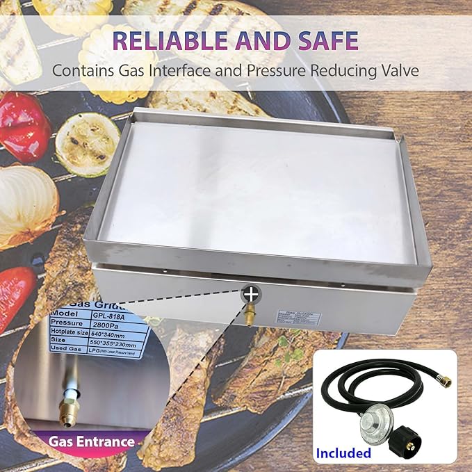 2800Pa 22" x 13.4" Stainless Steel Commercial Home Gas Grill Griddle, LPG Countertop Flat Top Grill with 6MM Thick Steel Plate, Ideal for Camping, Outdoor and Kitchen Use