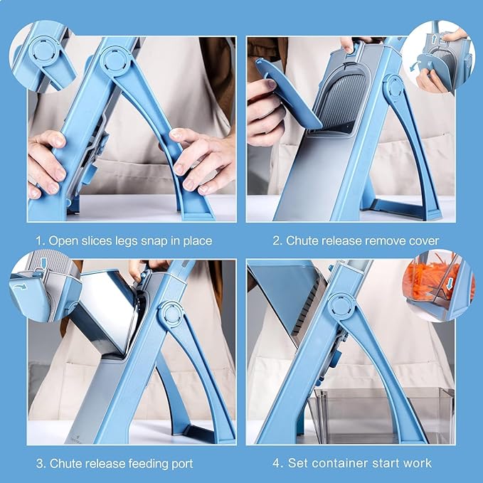 Multifunctional Mandoline Slicer, Adjustable Vegetable Chopper with 4 Cutting Modes, Extra Large Feed Slot, Foldable, Hand-Safe, Dishwasher Safe, for Commercial & Home Kitchen Use (Blue)
