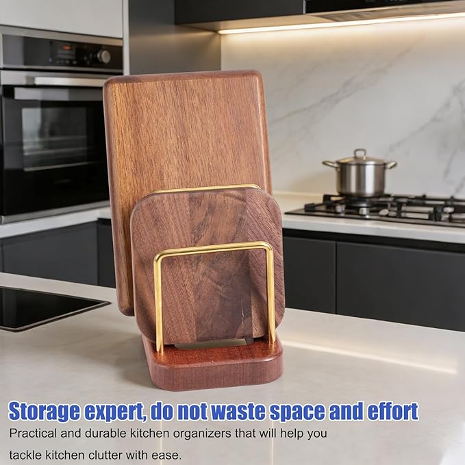 Chopping Board Holder, Cutting Board Rack with Wooden Base Multi-Tiered Pot Lids Storage Rack Plates Organizer Cabinet Storage Divider Accessory for Kitchen Countertops