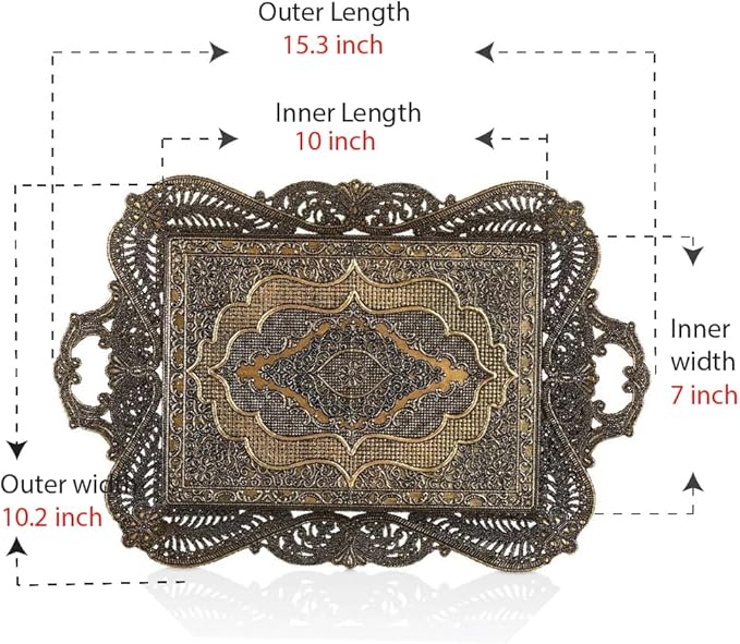 Moroccan Antique Coffee Tea Serving Tray Table Home Decor Decorative Handle - Antique Arabic Brass Fancy Persian Rectangle Vintage Retro Rustic Ottoman Farmhouse Style Decor Tray Traditional