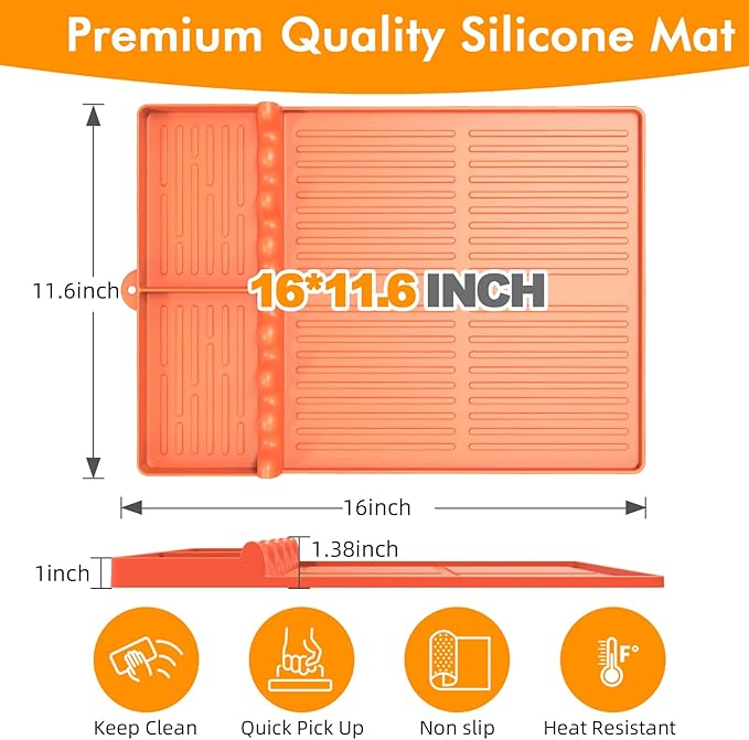Valentines Day Gifts for Him - Silicone Griddle Tool Mat Compatible with Blackstone Weber - Flat Top Grill Pellet Smoker Side Shelf Spatula Mat with Drip Pad - BBQ Grilling Accessories (Orange)