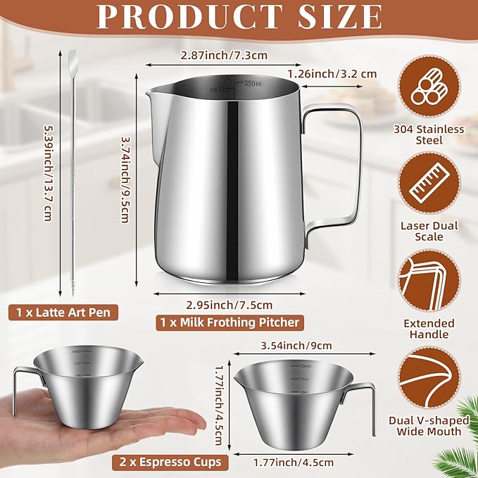 4 Pcs Espresso Accessories Kit with Espresso Cups with Handle, Milk Frothing Pitcher and Latte Art Pen Stainless Steel Cappuccino Machine Accessories for Coffee Bar(Silver,100ml, 350ml)