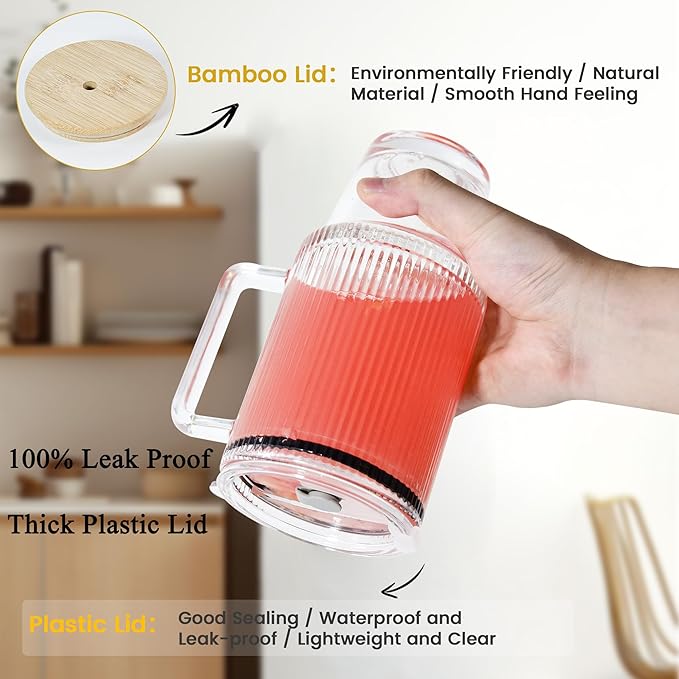 24oz Ribbed Glass Cups with Lids and Straws Handle Thick Leak Proof Drinking Glasses Tumbler for Gift Cold Drink Smoothie Boba Tea(Ribbed with Thick Plastic Lid)