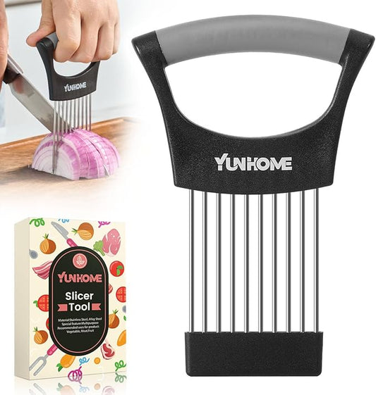 Onion Slicer Holder, Stainless Steel Onion Holder for Slicing, Tomato Slicer Vegetable Chopper Tool for Lemon Avocado, Food Slicer Assistant Tool for Fruit, Meat Tenderizer, Food Slicing Guide