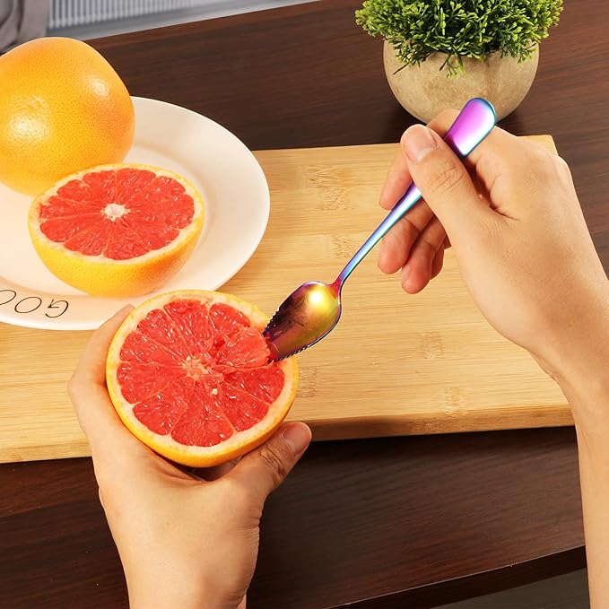 Grapefruit Spoons & Knife Set, Stainless Steel Utensils With Serrated Edge & Thick Gauge Handle, Rainbow Kitchen Tool, Non-stick Plating for Kiwi, Dessert, Apple (5 PCS)