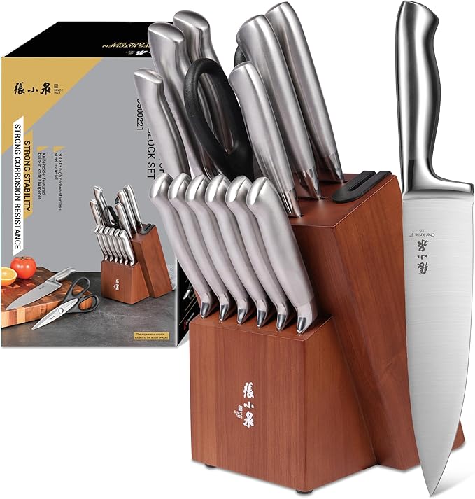 15Pcs Knife Set with Block, 50Cr15MoV High Carbon Stainless Steel Kitchen Knife Set, Sharp and Durable, Hundreds of Years of Masterful(Silver)