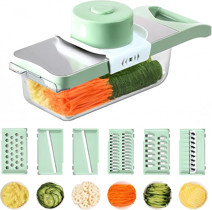 Vegetable Chopper, Mandoline Food Slicer Cutter with Handheld Container, 6 Blades and Blade Box, Cucumber Slicer, Magnetic Kitchen Tools for Veggie Potato Onion Carrot (Green(No magnet), 8 in 1)