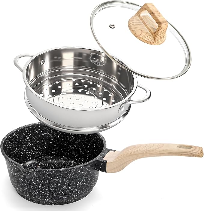 Jucoan 2 Quart Nonstick Saucepan with Lid & Steamer Basket, Small Nonstick Saucepan Cooking Steamer Pot with Pour Spout, Induction Safe, Non Toxic Granite Coating