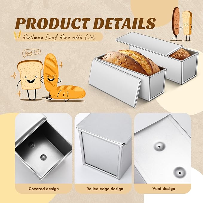 2 Pack 2 lb 13 x 4 Inch Pullman Loaf Pan with Lid Dough Capacity Bread Loaf Pan with Cover, Nonstick and Quick Release Coating for Home Bakeware Bread Toast Oven Baking(Silver)