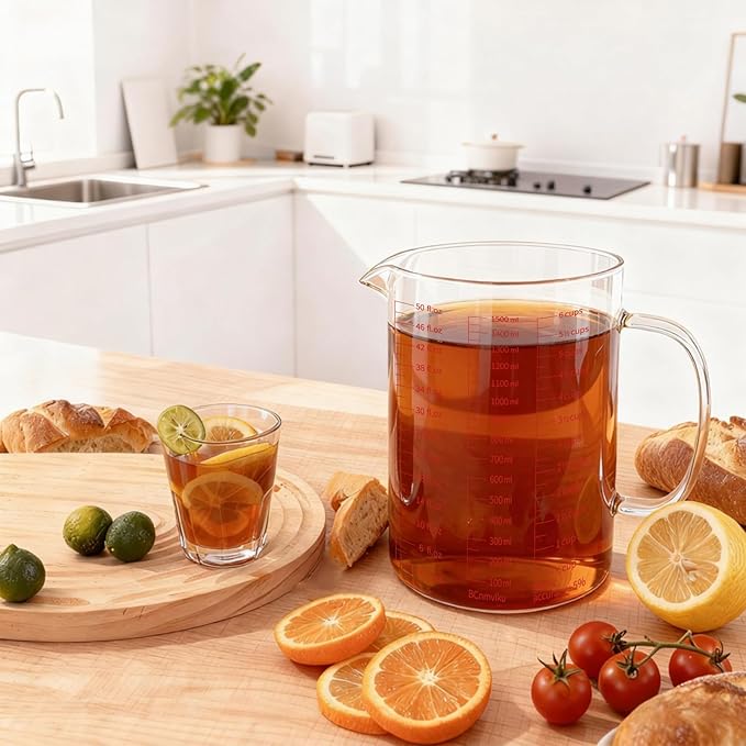 BCnmviku Glass Measuring Cup 6CUPS/1500ML/50OZ High Borosilicate [Insulated Handle | V-Shaped Spout]For Prepping Baking and Cooking Preheated Oven Dishwasher Freezer and Microwave Safe