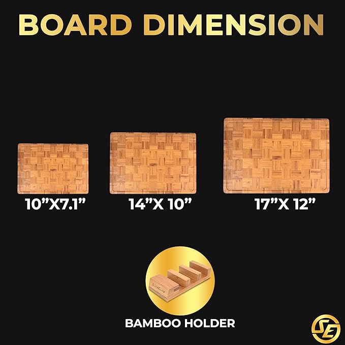 SliceElite Extra Large Bamboo Cutting Board Set 3 Piece End Grain Wooden Chopping Boards with Holder Non Slip Feet Juice Groove XL Butcher Block Style Boards for Kitchen Carving and Serving