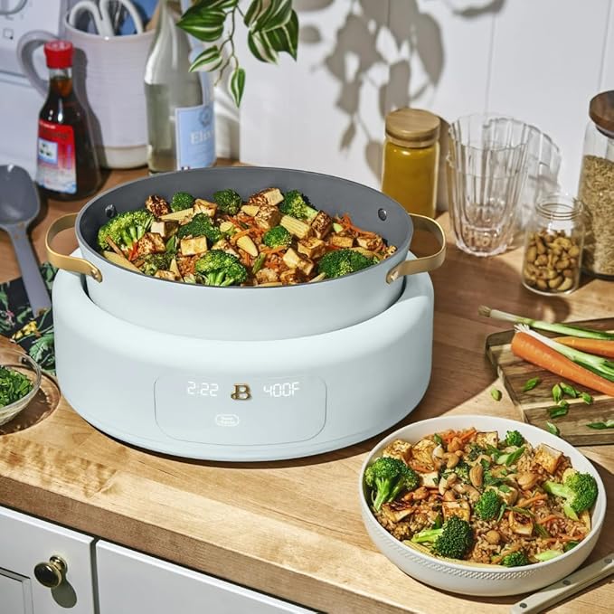 Beautiful 10-in-1 Electric Multi-Cooker by Drew Barrymore, 6-quart, digital display, 10 cooking functions, non-stick pot, easy one-touch control (Hydrangea)