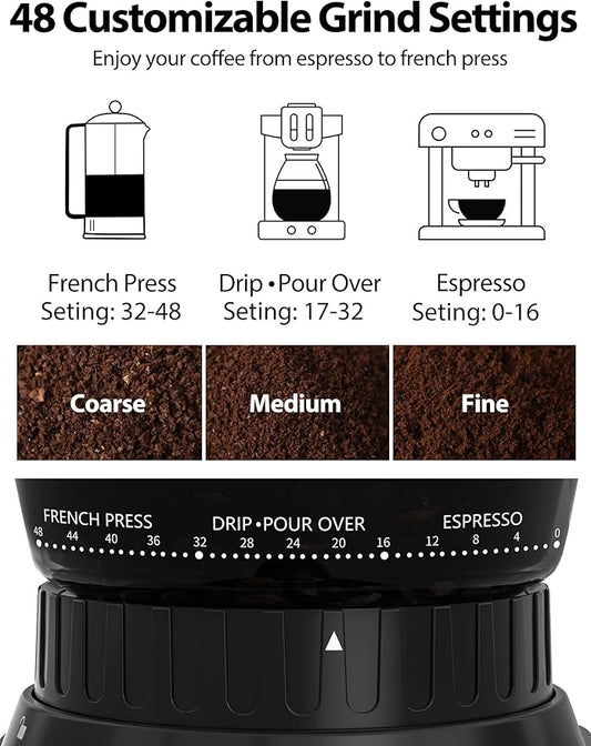 Aromaster Burr Coffee Grinder with 48 Gind Settings, Conical Coffee Bean Grinder for Home Use,Stainless Steel,40 Seconds Adjustable Timer,Anti-static,Easy to Clean with Brush
