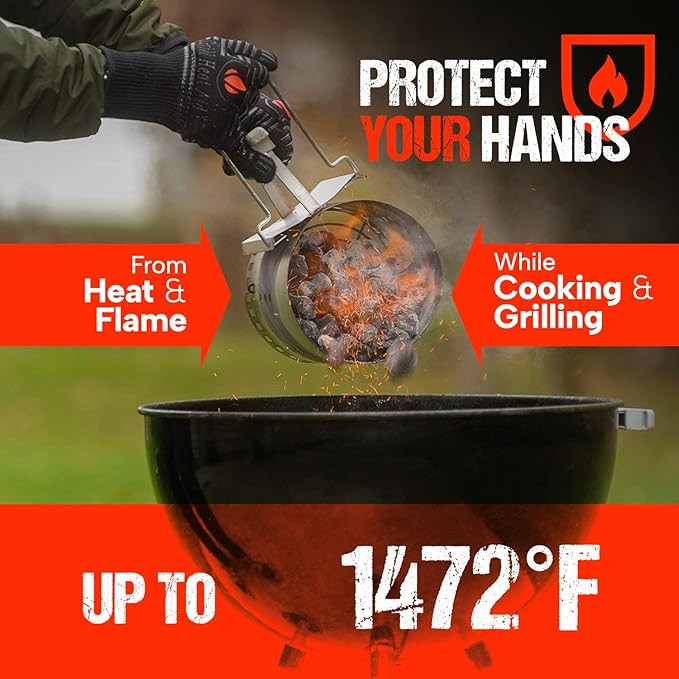 GRILL HEAT AID BBQ Gloves 1472°F Heat-Proof Gloves for Grilling & Barbecue, Heat-Resistant Oven Mitts with Kitchen Dexterity for Cooking, Baking Pizza, Fireproof Glove for Fire Pit, Fireplace, Smoker