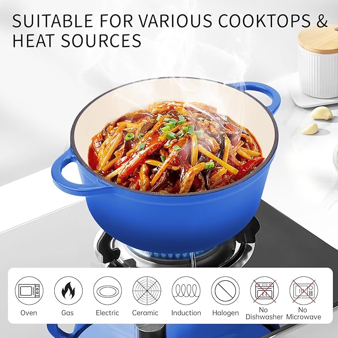 CookNexa 6 Quart Enameled Cast Iron Dutch Oven Pot with Lid and Silicone Accessories, Oven Safe up to 500°F or on Stovetop, Non-stick Dutch Oven for Bread Baking, Cooking, Dual Handles Cookware, Blue
