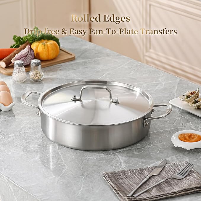 DELARLO 8QT Saute Pan Jumbo Cooker Tri-Ply Stainless Steel Pan, 13Inch Deep Frying Pan with Steel cover, Kitchen Large Skillet,Heavy Duty Style Compatible With All Cooktops Up to 650℉