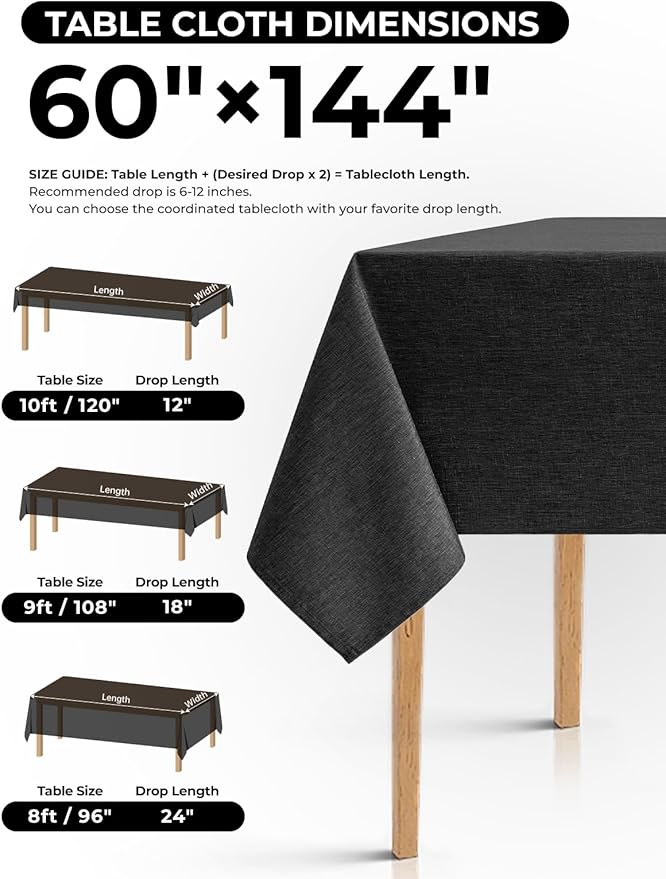 Black Extra Large Cloth Table Cloths for Rectangle Tables,Waterproof Washable Dinning Table Cover Protector for Birthday, Party, Camping& Wedding(Oblong, 60 x 144 Inch (12-14 Seats), Black)