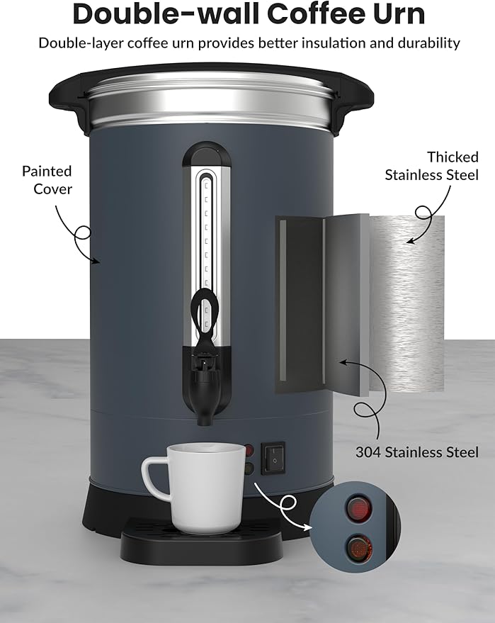 GarveeHome 120 Cups Coffee Urn,18 L/4.8 gal Double Wall Commerical Coffee Maker for Buffet Catering Wedding Gathering, Large Capacity Hot Coffee Dispenser, Stainless Steel Hot Water Urn