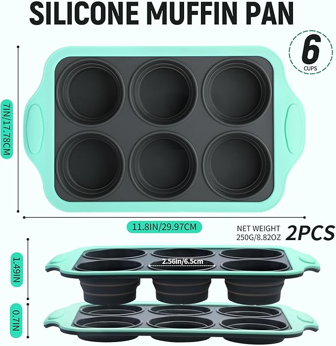 Vynium Muffin Pans for Baking 6 Cups, Silicone Foldable Muffin Pan with Metal Frame, Collapsible Cupcake Pan, Egg Bite Molds, Muffin Tin Tray for Baking Homemade Brownies Puddings (2)