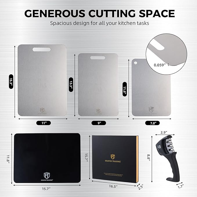 5 Pcs, Stainless Steel Cutting Board Set, with Sharpener & Silicone Mat - Non Toxic, Metal Cutting Boards for Kitchen, Luxury Gift for Home Chefs & Cooking Lovers - HEAVEN TRADING