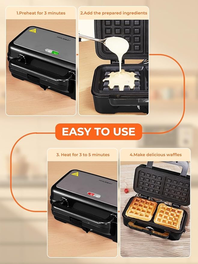 HOUSNAT Sandwich Maker, 3 in 1 Waffle Maker with Removable Plates, 1200W Panini Press with Interchangeable Non-Stick Plates, Indicator Lights, 5-gear Temperature Control (Black)