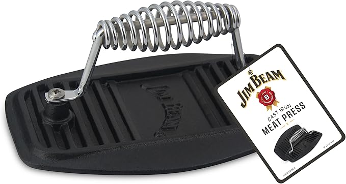 Jim Beam Stainless Steel Cast Iron Meat Press, Pre Seasoned for Delicious Meat, Steak, Beef and Patty, Heavy Duty Construction