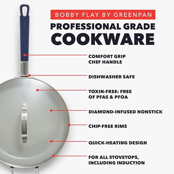 GreenPan x Bobby Flay 4.5QT Nonstick Saute Pan with Glass Lid, PFAS-Free Diamond Ceramic, Induction Suitable, Stay-Cool Silicone Handle, Easy Clean Dishwasher & Oven Safe, Navy Blue